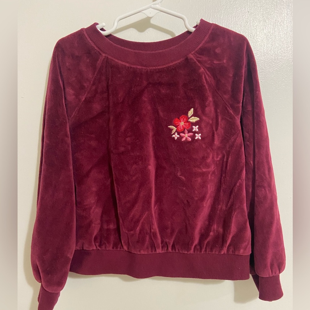 Burgundy Velour Sweatshirt with Floral Embroidery girls XS